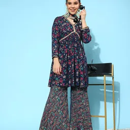 Libas Floral Printed Pleated Gotta Patti Kurti with Sharara & Dupatta-image-26