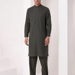 BARARA ETHNIC Mandarin Collar Pleated Linen Straight Kurta with Trousers-image-6