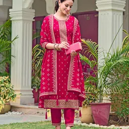 KALINI Floral Embroidered Regular Sequinned Straight Kurta with Trousers & Dupatta-picture-15