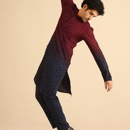 KISAH Geometric Embroidered Mandarin Collar Straight Kurta with Trousers-picture-37