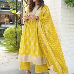 Libas Women Floral Printed Sequinned Work High Slit Kurta with Palazzos & Dupatta-picture-2