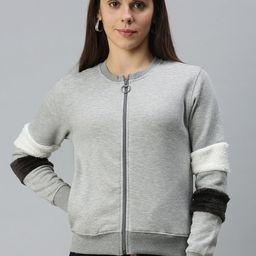 Campus Sutra Women Grey Melange & White Striped Front-Open Sweatshirt-image-123