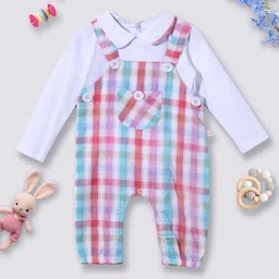 Moms Love Infant Girls Pink & White Checked Cotton Dungaree with T-shirt & Headband-image-34