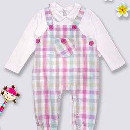 Moms Love Infant Girls Pink & White Checked Cotton Dungaree with Top & Headband-picture-11