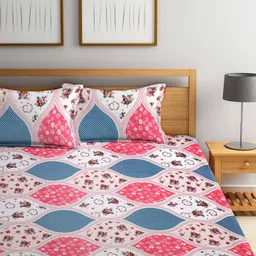 Arrabi White & Blue Floral 300 TC King Bedsheet with 2 Pillow Covers-image-99