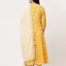 SAVI Floral Printed Mirror Work Pure Cotton Anarkali Kurta with Churidar & With Dupatta image 5
