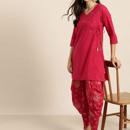 Sangria Women Fuchsia Pink & Golden Pure Cotton Solid Kurta with Printed Dhoti Pant-picture-20