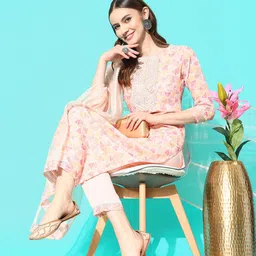Sangria Floral Embroidered Regular Thread Work Linen Kurta with Trousers & With Dupatta-picture-9