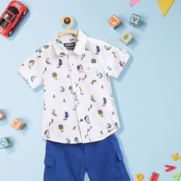 Nauti Nati Boys White & Navy Blue Printed Pure Cotton Shirt with Shorts-45