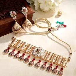 ASMITTA JEWELLERY 22KT Gold-Plated Kundan Stones-Studded & Beaded Meenakari Jewellery Set-picture-30