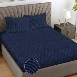 FABINALIV Navy Blue Striped Woollen 300 TC Fitted King Bedsheet Set 2.5 m x 2.25 m-image-12