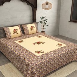 JAIPUR FABRIC Cream-Coloured & Navy Blue Ethnic Motifs 240 TC Cotton Queen Bedsheet with 2 Pillow Covers-17