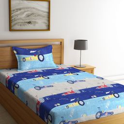 KLOTTHE Blue & Grey Conversational 210 TC Polycotton 1 Single Bedsheet with 1 Pillow Covers-image-45