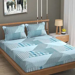 YaAkholic Blue & Grey Geometric 300 TC King Bedsheet with 2 Pillow Covers-12