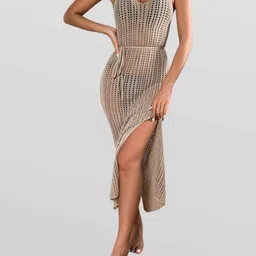 EZLOOT Sleeveless Cover Ups Side Split Semi Sheer Wool Dress Swimwear-image-70