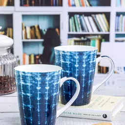 GOODHOMES 2 Pieces White & Blue Printed Bone China Glossy Coffee Mugs - 360 ML Each-39