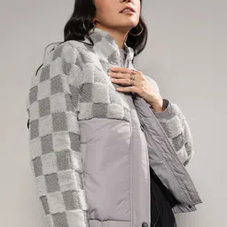 Campus Sutra Black Checked Mock Collar Windcheater Padded Jacket-17
