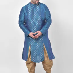 DEYANN PLUS Men Blue Ethnic Motifs Printed Angrakha Dupion Silk Kurta with Patiala-image-97