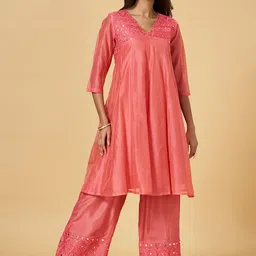 RANGMANCH BY PANTALOONS Floral Embroidered Mirror Work Kurta With Trousers-picture-36