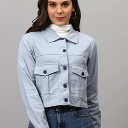Campus Sutra Women Blue Washed Crop Denim Jacket-picture-33