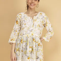 Syrish Floral Printed With Thread Work A-Line Pure Cotton Kurti-picture-11
