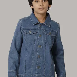 UNDER FOURTEEN ONLY Boys Typography Printed Spread Collar Denim Jacket-image-50