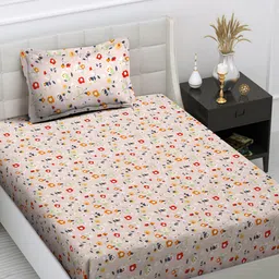 FABINALIV Peach Floral 300 TC Single Bedsheet with 1 Pillow Cover-image-84