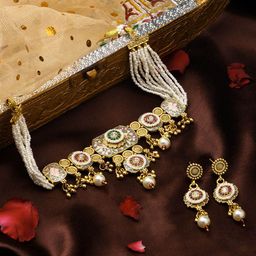 ASMITTA JEWELLERY 24KT Gold-Plated Stone Studded & Pearls Beaded Meenakari Jewellery Set-image-48