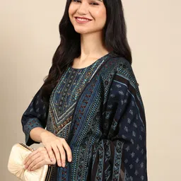 SHOWOFF Women Navy Blue Ethnic Motifs Printed Empire Sequinned Kurta with Trousers & With Dupatta-image-73