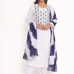 VEDANA Women White Ethnic Motifs Yoke Design Thread Work Kurta with Trousers & Dupatta-image-26