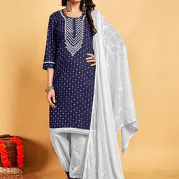 Anouk Navy Blue Geometric Printed Thread Work Sequined Kurta With Salwar & Dupatta-0