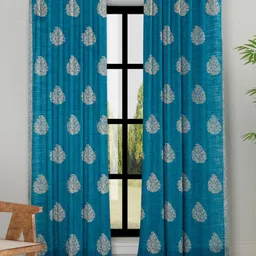 Fabindia Blue & Gold-Toned Ethnic Motifs Printed Cotton Sheer Window Curtain-52