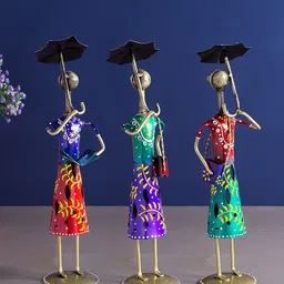 Golden Peacock Set of 3 Hand-Painted Lady With Umbrella Showpieces-image-20