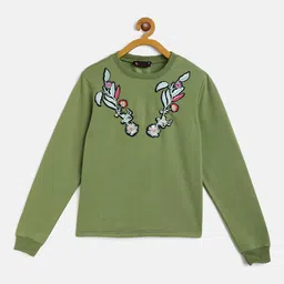 Belle Fille Girls Olive Green Floral Embroidered Sweatshirt-image-74
