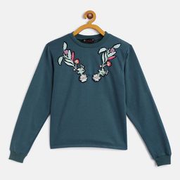 Belle Fille Girls Teal Green Floral Embroidered Sweatshirt-image-52
