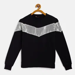 Belle Fille Kids Black & White Sequined Colourblocked Sweatshirt-image-67