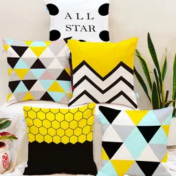 STITCHNEST Set of 5 Yellow & Black Geometric Square Cushion Covers-6