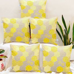 STITCHNEST Yellow & Grey Set of 5 Geometric Square Cushion Covers-5