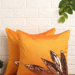 Alina decor Yellow & Copper-Toned Set of 2 Embellished Square Cushion Covers-10