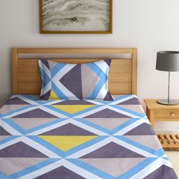 Arrabi Blue & White Geometric Fitted 300 TC Single Bedsheet With 1 Pillow Cover-image-44