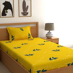 Home Ecstasy Yellow Floral 140 TC Cotton 1 Single Bedsheet with 1 Pillow Covers-image-99