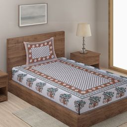 Rajasthan Decor White & Brown Floral Cotton 144 TC Single Bedsheet with 1 Pillow Cover-image-45