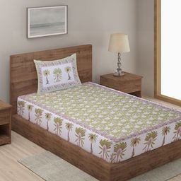 Rajasthan Decor White & Green Floral Cotton 144 TC Single Bedsheet with 1 Pillow Cover-image-87