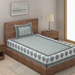 Rajasthan Decor White & Green Floral Cotton 144 TC Single Bedsheet with 1 Pillow Cover-image-82