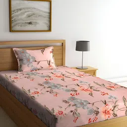 ERIC LONDON Peach-Coloured Floral Microfiber 180 TC Single Bedsheet With 1 Pillow Covers-image-65