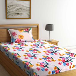 Arrabi Pink & Blue Floral Printed 300 TC Cotton Single Bedsheet with 1 Pillow Cover-image-88