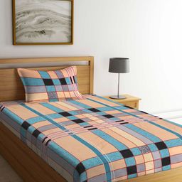 KLOTTHE Blue & Beige Striped 300 TC Single Bedsheet with 1 Pillow Cover-image-59