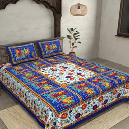 JAIPUR FABRIC Blue & Yellow Ethnic Motifs 120 TC Cotton Queen Bedsheet with 2 Pillow Covers-image-40