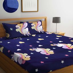 Arrabi Blue & White Cartoon Characters 300 TC King Bedsheet with 2 Pillow Covers-image-64