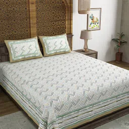 BLOCKS OF INDIA Green Geometric Cotton 210 TC Super King Bedsheet & 2 Pillow Covers-image-63
